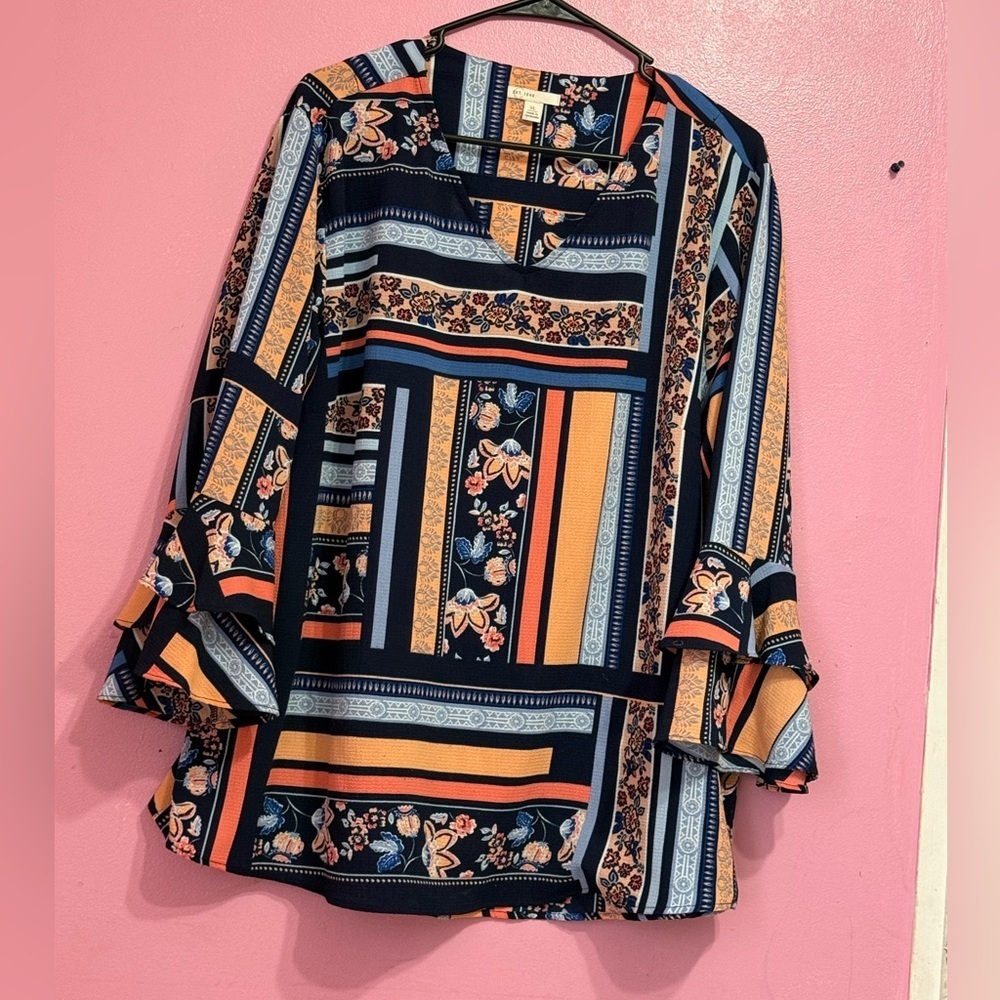 Est. 1946 Womens Colorful Top Siz Xl V-Neck Blouse Ruffle Bell Sleeve Tunic Boho